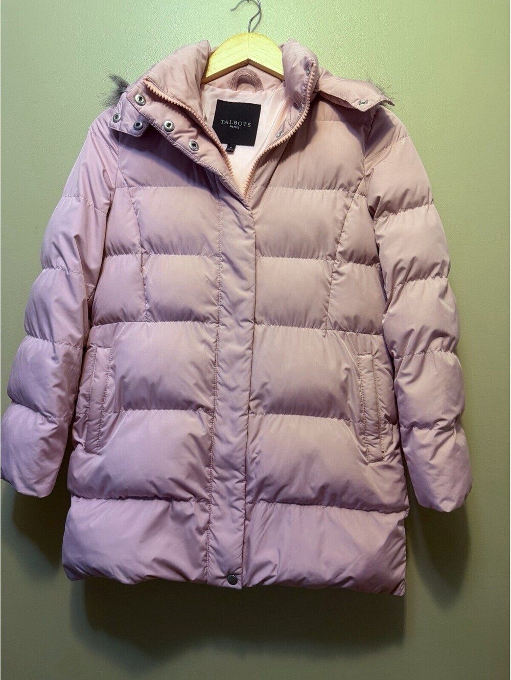 TALBOTS Women's Jacket 0-2 P Quilted Faux Fur Hood Light Pink Puffer